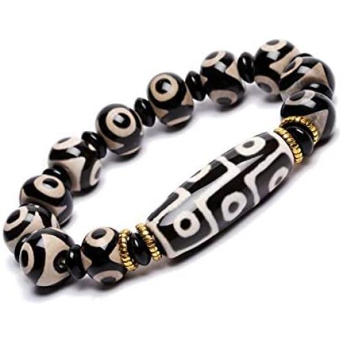 ZenBless Natural BlackWhite Tibetan 9 Eye Dzi Beads Bracelet Fengshui Amulet Bangle Attract Positive Energy and Good Luck