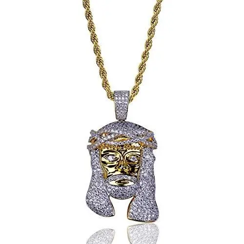 TOPGRILLZ Men 14K Gold Plated Iced Out CZ Simulated Diamond Crown Jesus Piece Pendant Necklace TOPGRILLZ Men 14K Gold Plated Iced Out CZ Simulated Diamond Crown Jesus Piece Pendant Necklace