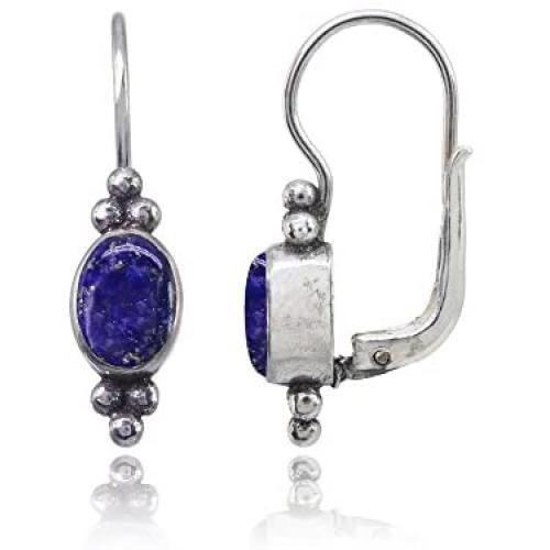 Sterling Silver Simulated Gemstone Oval Bezel-Set Bali Bead Leverback Drop Earrings