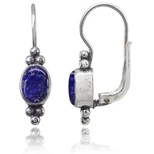 Sterling Silver Simulated Gemstone Oval Bezel-Set Bali Bead Leverback Drop Earrings Sterling Silver Simulated Gemstone Oval Bezel-Set Bali Bead Leverback Drop Earrings