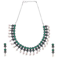 Efulgenz Boho Vintage Antique Ethnic Gypsy Indian Oxidized Silver Crystal Cubic Zirconia Bridal Necklace Earrings Jewelry Set