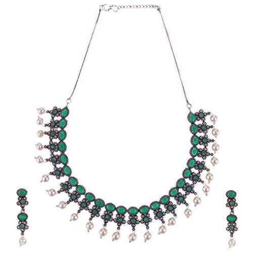 Efulgenz Boho Vintage Antique Ethnic Gypsy Indian Oxidized Silver Crystal Cubic Zirconia Bridal Necklace Earrings Jewelry Set