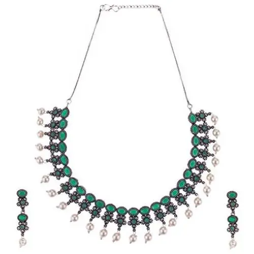 Efulgenz Boho Vintage Antique Ethnic Gypsy Indian Oxidized Silver Crystal Cubic Zirconia Bridal Necklace Earrings Jewelry Set