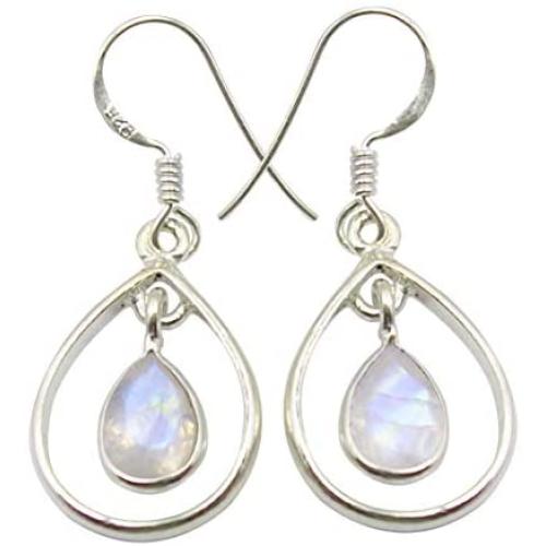 SilverStarJewel Solid Sterling Silver 6 x 9 mm Rainbow Moonstone Earrings 3.6 cm New Art