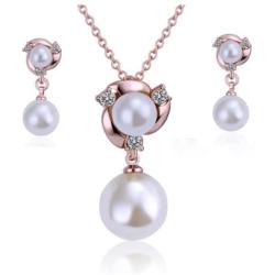FAIRY COUPLE Women Girls Gold Plated Simulated Shell Pearl Pendant Necklace Dangle Earrings Vintage Wedding Party Jewelry Set Anniversary