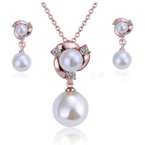 FAIRY COUPLE Women Girls Gold Plated Simulated Shell Pearl Pendant Necklace Dangle Earrings Vintage Wedding Party Jewelry Set Anniversary