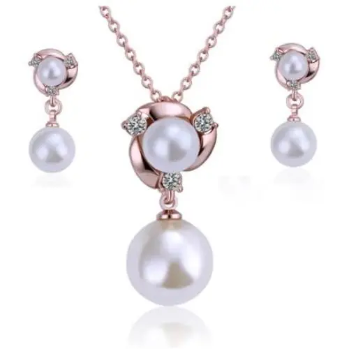 FAIRY COUPLE Women Girls Gold Plated Simulated Shell Pearl Pendant Necklace Dangle Earrings Vintage Wedding Party Jewelry Set Anniversary