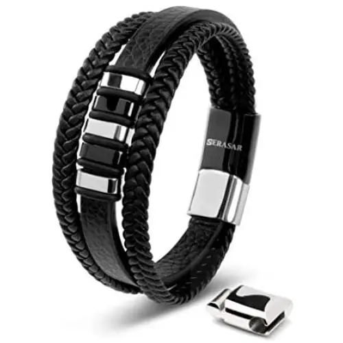 SERASAR | Premium Genuine Leather Bracelet for Men in Black | Magnetic Stainless Steel Clasp in Silver and Gold | Exclusive Jewellery Box | Great Gift Idea SERASAR | Premium Genuine Leather Bracelet for Men in Black | Magnetic Stainless Steel Clasp in Silver and Gold | Exclusive Jewellery Box | Great Gift Idea