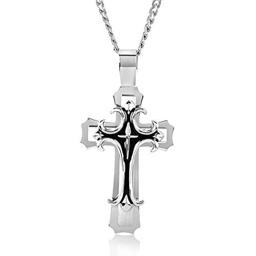 West Coast Jewelry Crucible Stainless Steel Bold Large Layered Statement Cross Pendant Necklace - 24''