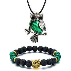 Softones Owl Necklace Healing Crystals Necklace for Women Men Reiki Spiritual Energy Gemstone Necklace Lava Owl Bracelet Set Gifts for Women with Gift Box