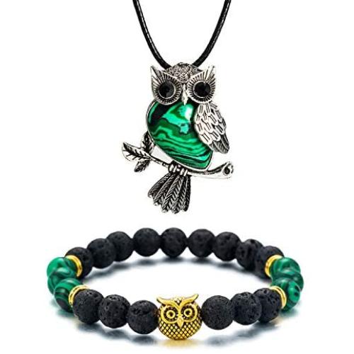 Softones Owl Necklace Healing Crystals Necklace for Women Men Reiki Spiritual Energy Gemstone Necklace Lava Owl Bracelet Set Gifts for Women with Gift Box