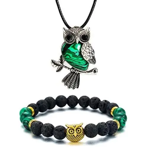 Softones Owl Necklace Healing Crystals Necklace for Women Men Reiki Spiritual Energy Gemstone Necklace Lava Owl Bracelet Set Gifts for Women with Gift Box