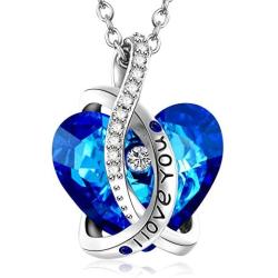 I Love You Jewelry with Ruby Red/Sapphire Blue Heart Birthstone Crystal, Rose Gold/Silver Tone Plating Pendant Valentines Day Necklaces for Women Wife Girls Girlfriend Gifts, 18+2