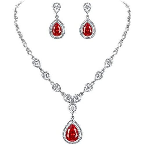 EVER FAITH Austrian Crystal Zircon Wedding Teardrop Necklace Earrings Set Ruby Color Silver-Tone