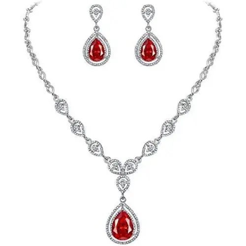 EVER FAITH Austrian Crystal Zircon Wedding Teardrop Necklace Earrings Set Ruby Color Silver-Tone EVER FAITH Austrian Crystal Zircon Wedding Teardrop Necklace Earrings Set Ruby Color Silver-Tone