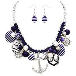 Rosemarie Collections Womens Unique Anchors Away Anchor and Helm Nautical Navy Stripe Collar Necklace Earrings Set, 18-20'' with 2'' Extender