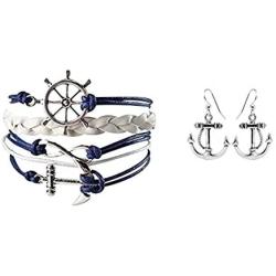 Nautical Anchor Charm Earrings & Bracelet for Women, Navy Rudder Anchor Braided Weave Leather Rope Infinity Love Bracelet