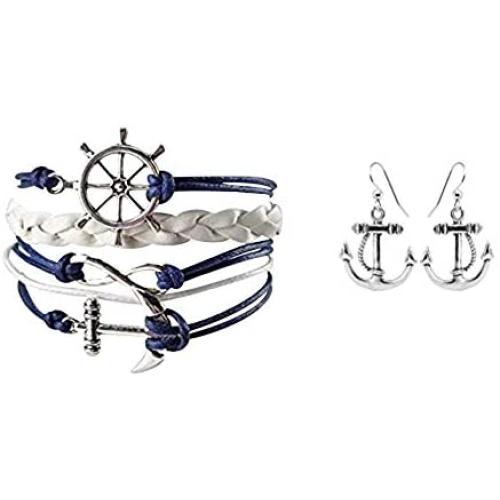 Nautical Anchor Charm Earrings & Bracelet for Women, Navy Rudder Anchor Braided Weave Leather Rope Infinity Love Bracelet
