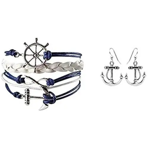 Nautical Anchor Charm Earrings & Bracelet for Women, Navy Rudder Anchor Braided Weave Leather Rope Infinity Love Bracelet