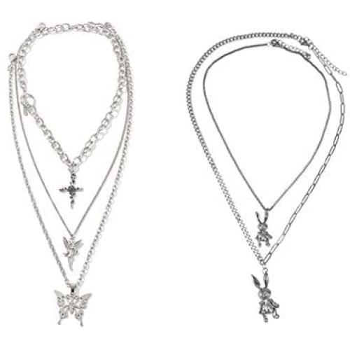 2pcs Heavy Gothic Rabbit Pendant Necklace and Dainty Unique Butterfly Pendant Necklace Boho Jewelry Set for Women and Men