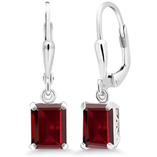 Gem Stone King 925 Sterling Silver Red Garnet Earrings For Women (3.90 Cttw, Gemstone Birthstone, Emerald Cut 8X6MM)