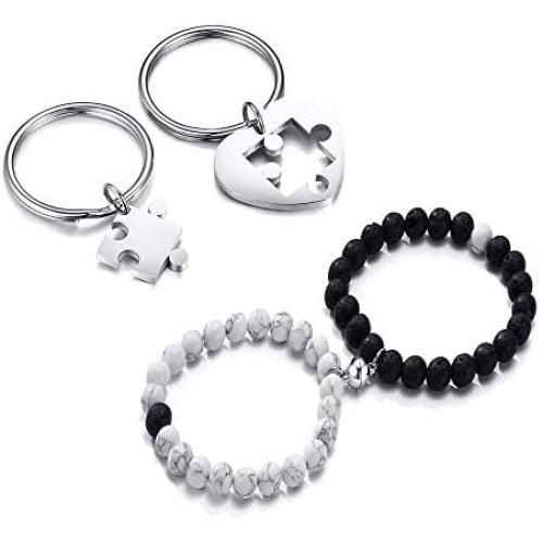 VNOX 4 Pcs Couple Puzzle Key Chain Magnetic Couples Bracelets Mutual Attraction Relationship Distance Bead Yin yang Bead Bracelets for Couples