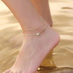 MONOZO Ankle Bracelets for Women, 14k Gold Filled Layered Initial Anklet for Women Dainty Alphabet Letter Charm Beach Ankle Bracelets for Teen Girls