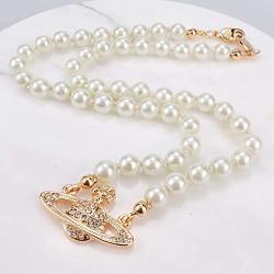 White Pearl Bead Necklaces Crystal Rhinestone Saturn Planet Necklace