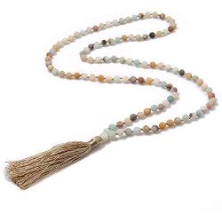 KAMRESH Long Matte Amazonite Stone Necklace Wrap Bracelets with Tassel Pendant Women Men Handmade Jewelry for Yoga Meditation Rosary Prayer