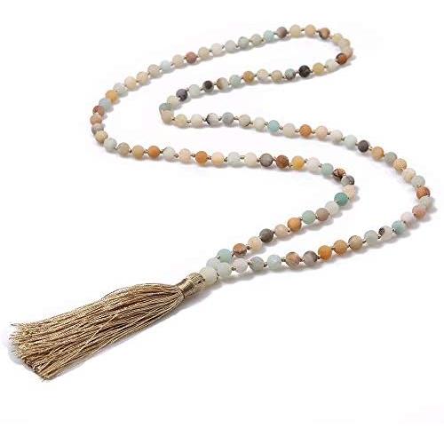 KAMRESH Long Matte Amazonite Stone Necklace Wrap Bracelets with Tassel Pendant Women Men Handmade Jewelry for Yoga Meditation Rosary Prayer