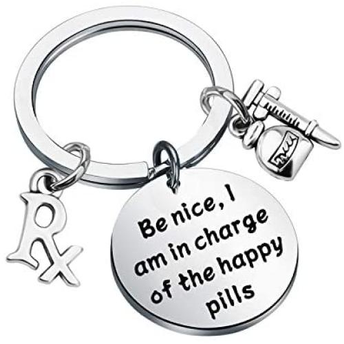 BAUNA Pharmacy Tech Keychain Pharmacist Gift Be Nice I Am in Charge of The Happy Pills Funny Pharmacy Student Gift Pharmacy Shool Graduation Gift
