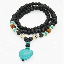 Montip Lynn 108 Mala Yoga Beads Organic Wood Wooden 8mm Heart Turquois Buddha Prayer 8mm