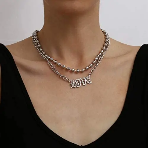 YERTTER Dainty Double-layer Beads Chain Love Chain Choker Necklace Jewelry Women Statement Chunky Chain Necklace for Party Prom YERTTER Dainty Double-layer Beads Chain Love Chain Choker Necklace Jewelry Women Statement Chunky Chain Necklace for Party Prom