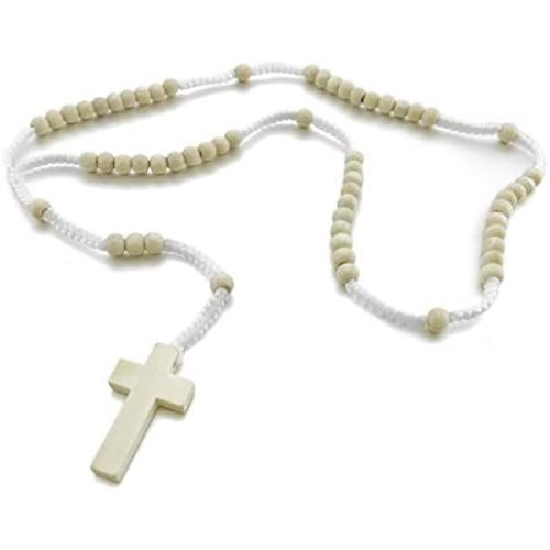 INBLUE Men,Womens Wood Pendant Necklace Cross Bead 24 Inch Rosary Chain