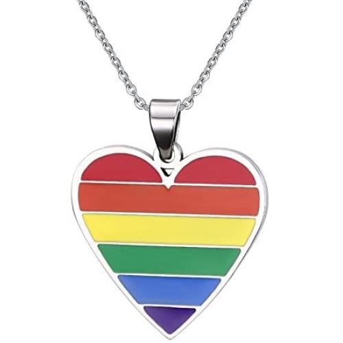 XUANPAI Stainless Steel Heart Rainbow Pendant Necklace Lesbian Gay Pride Jewelry