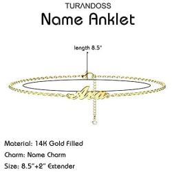 Turandoss Personalized Name Ankle Bracelets for Women, 14K Gold Filled Handmade Name Anklet Personalized Summer Ankle Bracelets for Women Girls Beach Gifts