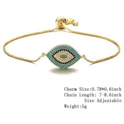 Trendy Gold Plated Turkish Evil Eye Bracelet Pave CZ Blue Eye Gold Chain Bracelet Adjustable Female Party Jewelry
