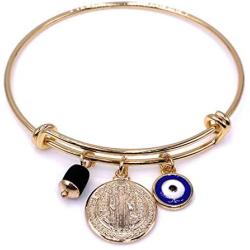 18K Gold Plated Expandable Bangle Bracelet Charm St. Benedict Medal & Genuine Azabache Stone