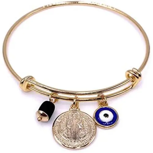 18K Gold Plated Expandable Bangle Bracelet Charm St. Benedict Medal & Genuine Azabache Stone