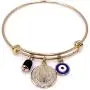 18K Gold Plated Expandable Bangle Bracelet Charm St. Benedict Medal & Genuine Azabache Stone