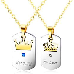 Fashion Ahead 2pcs Couple Necklaces Gold Crown Tag Her King and His Queen Pendant Necklaces Stainless Steel Matching Set Jewelry Gifts