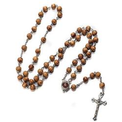 Catholic Olive Wood Rosary Beaded Prayer Jerusalem Cross Decor Crucifixion of Christ Jesus Necklace for Auto Vehicle for Men Women Religious Jewelry Pendant 14 inch