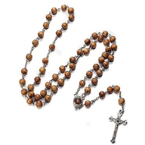 Catholic Olive Wood Rosary Beaded Prayer Jerusalem Cross Decor Crucifixion of Christ Jesus Necklace for Auto Vehicle for Men Women Religious Jewelry Pendant 14 inch