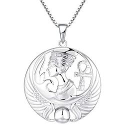 JO WISDOM Nefertiti Necklace,925 Sterling Silver Egypt Queen Nefertiti Pendant Necklace,Ankh Cross Jewelry for Women
