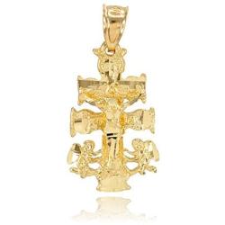 Religious Jewelry by FDJ 10k Yellow Gold Caravaca Double Cross with Angels Crucifix Pendant