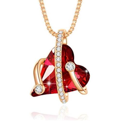 Eterstarly Wish Stone Pendant Necklace with Red Birthstone Heart Crystal, 18K Rose Gold Plated, 16.4'' + 2''