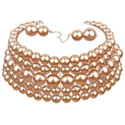 COLORFUL BLING 5 Rows Elegant Simulated Pearl Strand Choker Necklace with Earrings Set Women Ladies Statement Jewelry