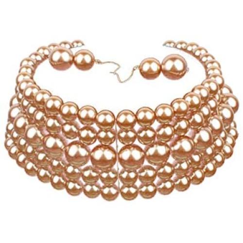 COLORFUL BLING 5 Rows Elegant Simulated Pearl Strand Choker Necklace with Earrings Set Women Ladies Statement Jewelry