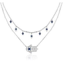 Lovgifset Hamsa Hand Necklace Blue Evil Eye Layered Necklaces for Women Sapphire Birthstone S925 Sterling Silver Dainty Double Layer Jewelry