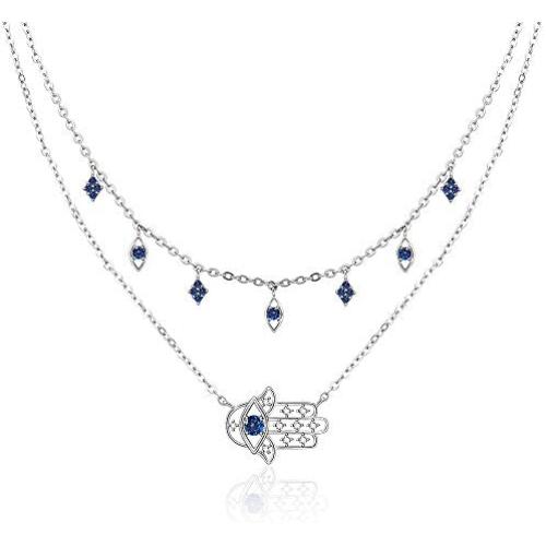 Lovgifset Hamsa Hand Necklace Blue Evil Eye Layered Necklaces for Women Sapphire Birthstone S925 Sterling Silver Dainty Double Layer Jewelry